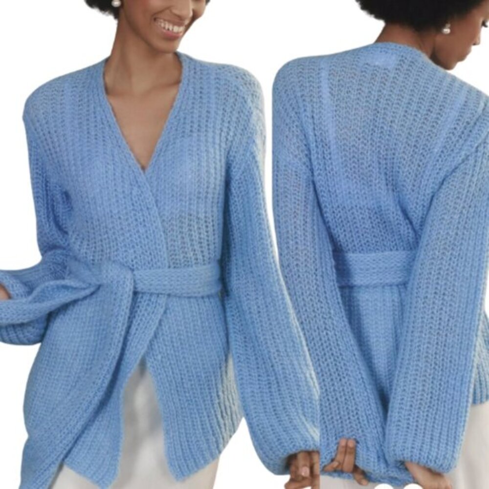 Anthropologie Self Contrast NWT One-Size Rib-Knit Belted‎ Cardigan Sweater Blue
